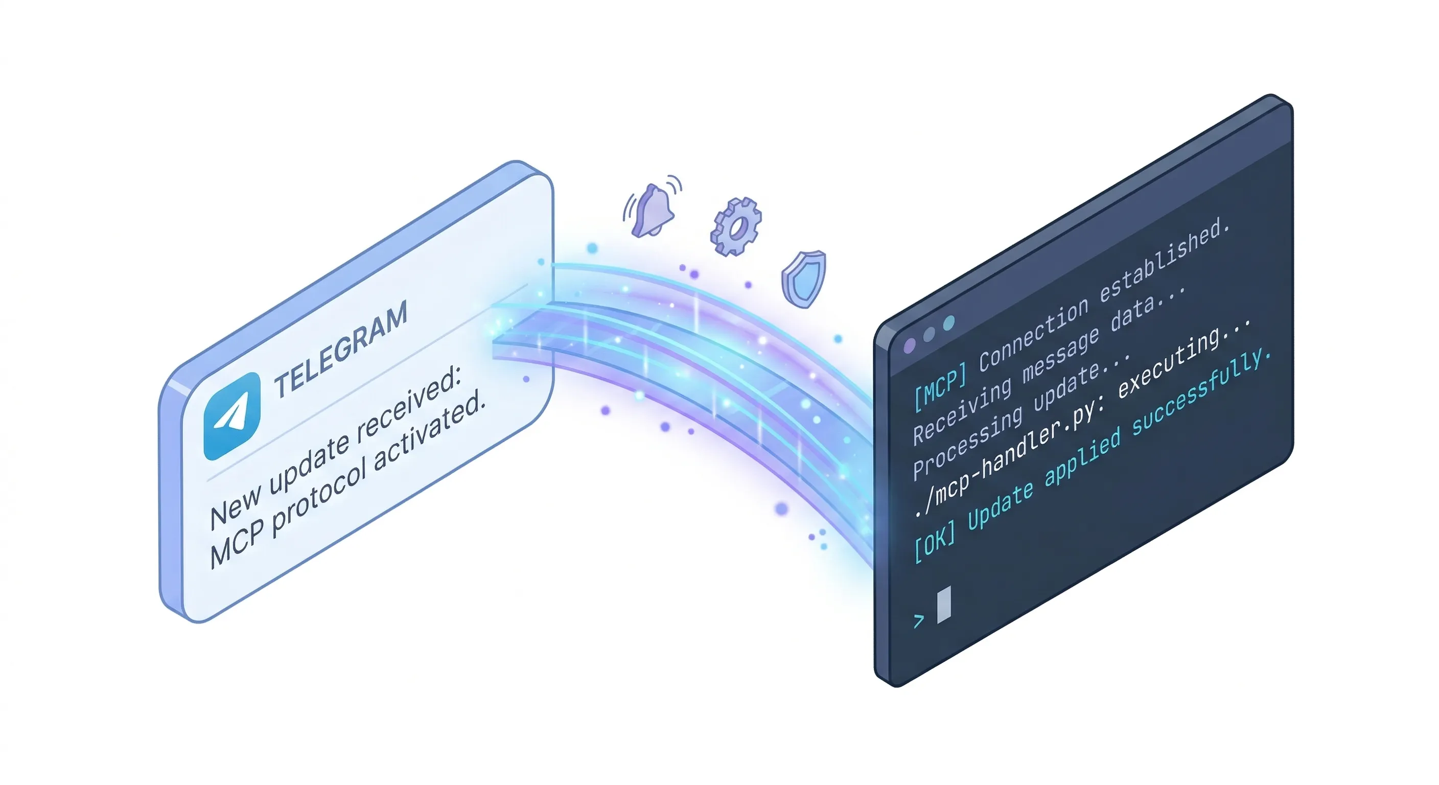 Telegram 채팅과 개발 터미널이 MCP 프로토콜로 연결되는 아이소메트릭 일러스트