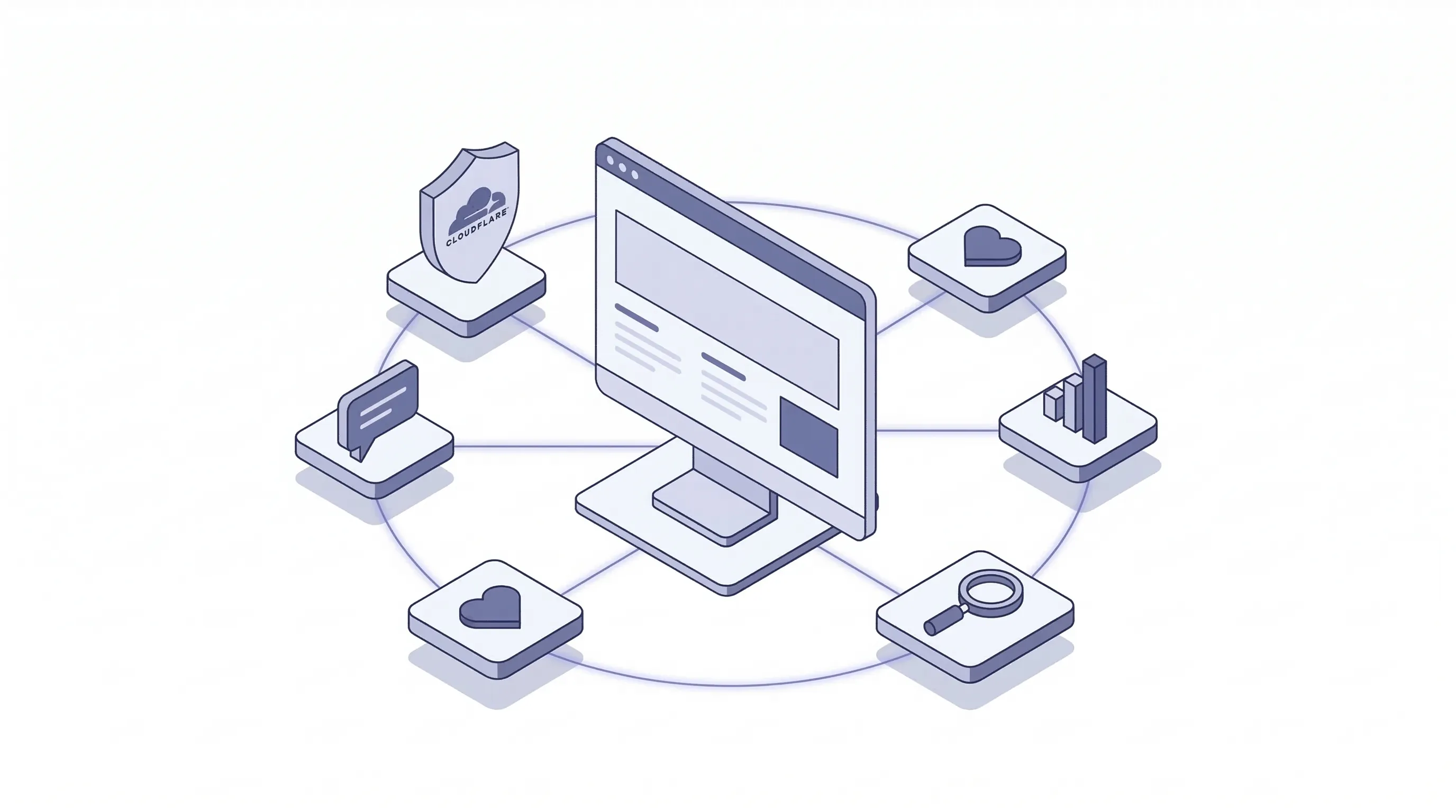 정적 사이트를 둘러싼 Cloudflare, 댓글, 좋아요, 분석 서비스의 아이소메트릭 일러스트