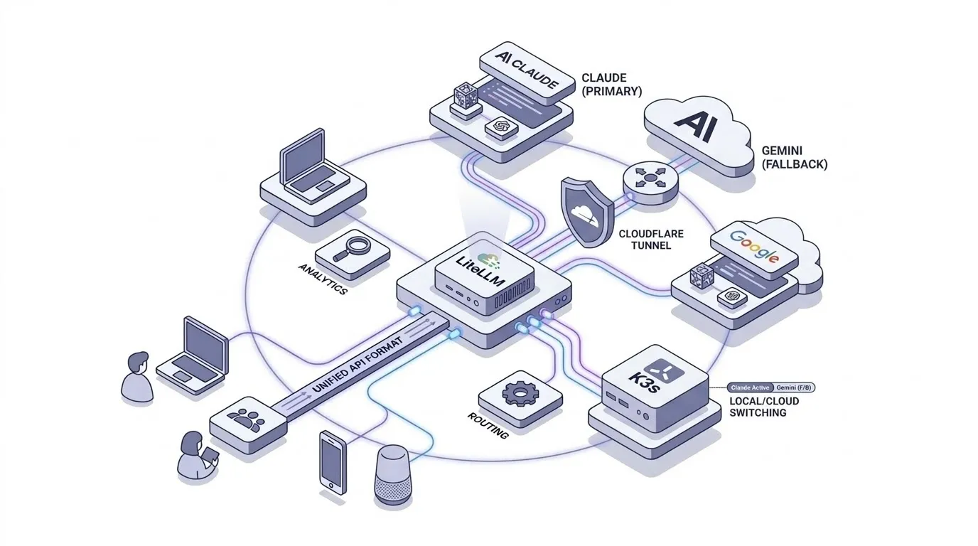 LiteLLM 개인 인프라: K3s, Cloudflare Tunnel, Claude/Gemini fallback 아이소메트릭 일러스트