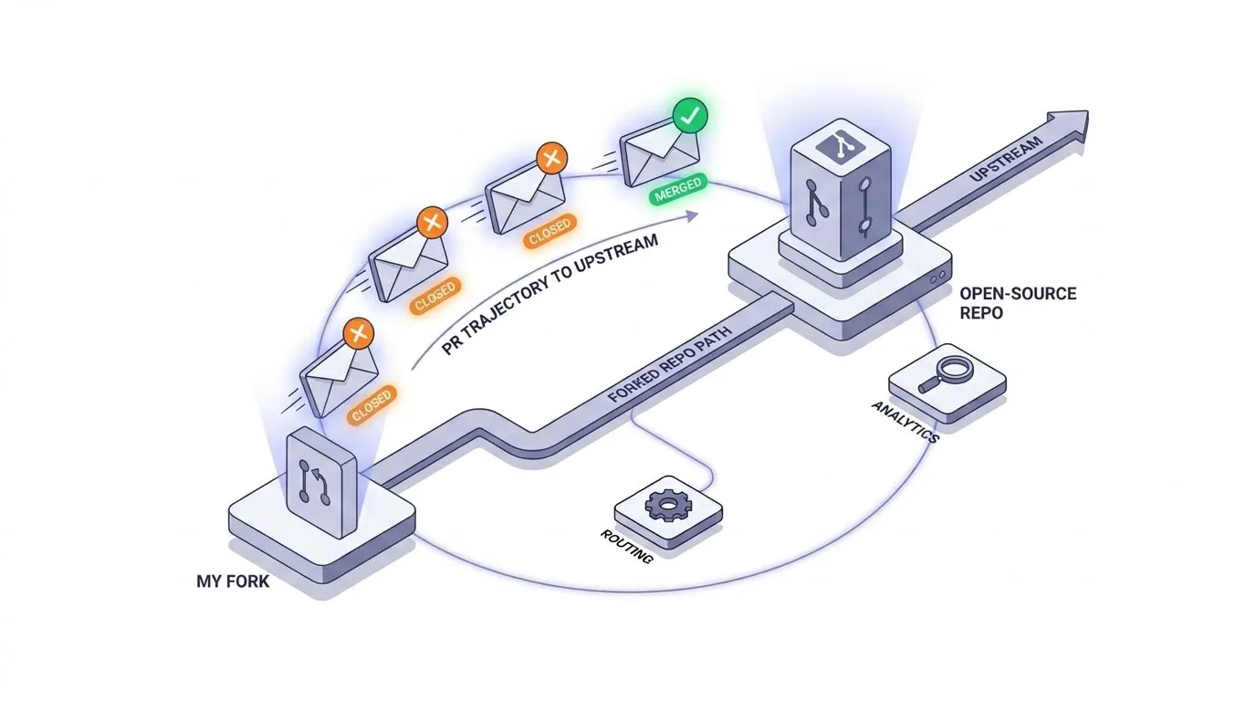 오픈소스 Fork에서 Upstream 기여: PR 제출과 머지/close 과정 아이소메트릭 일러스트