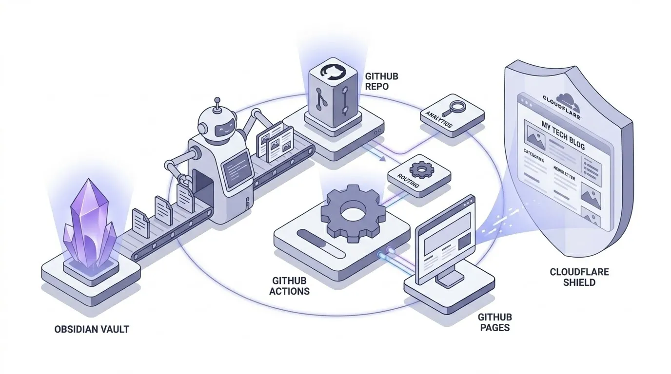 Obsidian Vault에서 GitHub Pages까지의 자동 발행 파이프라인 아이소메트릭 일러스트
